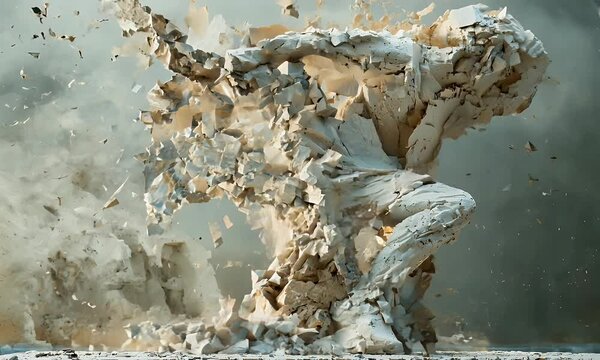 Dynamic transition of a crumbling statue reforming into a dancing figure, stone shards