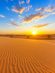 Golden Hour Serenity: The sun gracefully descends, painting the sky in hues of orange and yellow over the rippled sands of a vast desert, revealing an awe-inspiring, untouched vista.