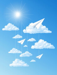Fototapeta premium Soaring Ambitions: Paper airplanes ascend gracefully, guided towards the bright sun amidst a sea of fluffy clouds. Capturing the essence of dreams, aspirations, and endless possibilities. 