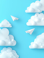 Paper Plane and Clouds: Two delicate paper airplanes soar through a bright blue sky among fluffy, white clouds, embodying freedom and limitless possibilities. 