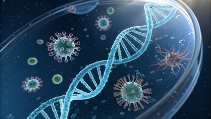 3D rendered illustration of DNA with gears and mechanical patterns in a blue technological design