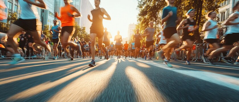 A vibrant marathon unfolds runners in motion blur against a backdrop of city buildings Sunlight streams from behind c