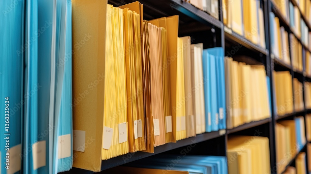 Poster a well-organized shelf displaying colorful file folders in shades of blue and yellow, showcasing a n