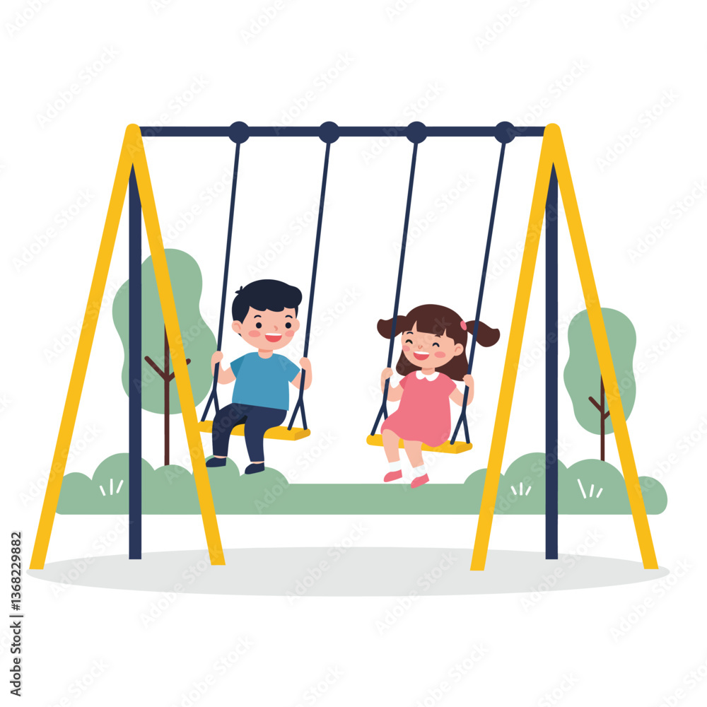 Poster children enjoying swings in a playground with flat design vector art