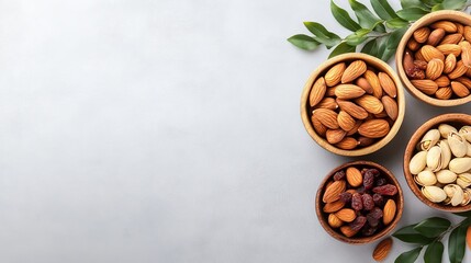Assorted nuts and dried fruits arranged in wooden bowls on a light background with green leaves