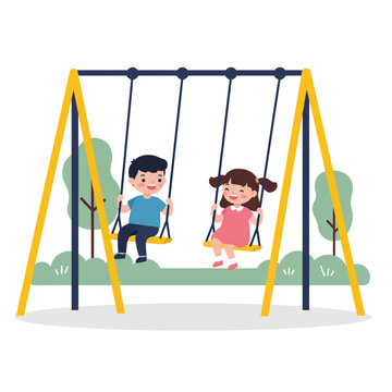 Children enjoying swings in a playground with flat design vector art