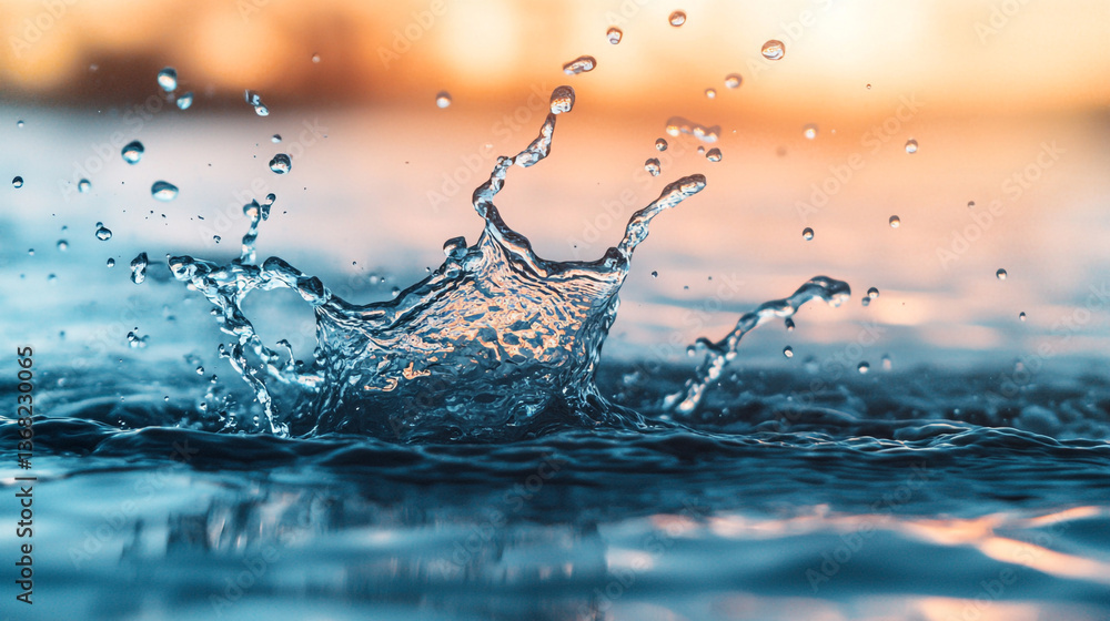 Poster close up of water splashing with droplets and reflections on a blurred background in soft light