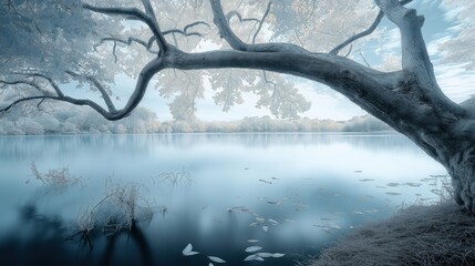 infrared landscape photograph featuring a large, gnarled tree with a sweeping branch reaching over a calm body of water dotted with debris