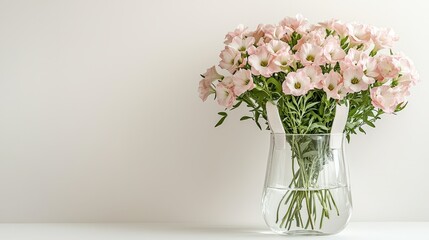 Obraz premium Compact clear glass vase resembling a tote bag with pink lisianthus flowers displayed
