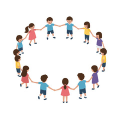Children holding hands in a circle, colorful clothing, flat vector illustration