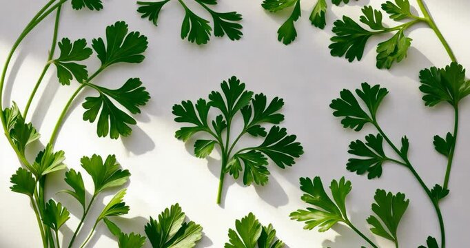 Fresh parsley leaf on its own. Cilantro leaves, raw garden parsley stem, chervil sprig, coriander leaves against a white backdrop viewed from above.