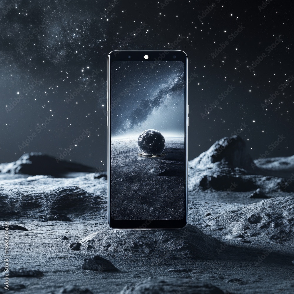 Poster Cosmic Connection: A Smartphone Displaying a Celestial View on a Lunar Landscape Underneath the Stars