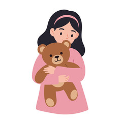 Young girl holding a teddy bear in a minimal flat design vector illustration