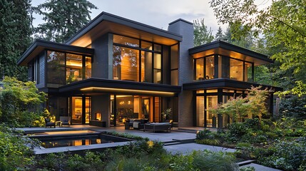 Fototapeta premium Modern Luxury Home Exterior Night View Contemporary Architecture Large Windows Landscaping