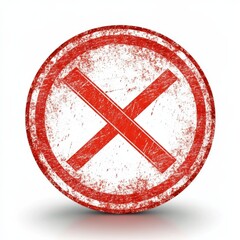 Distressed Red "X" Symbol on White Background: A Textured Representation of Rejection and Cancellation.