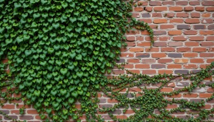 Naklejka premium The wall of ivy provides a striking visual contrast against the rustic backdrop of the weathered bricks, creating a sense of timeless beauty.