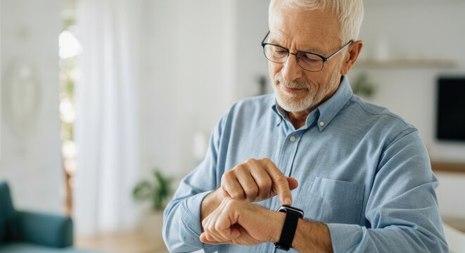 Elderly man in blue shirt checking smartwatch indoors