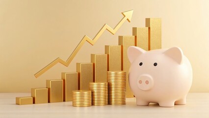 A piggy bank sits beside a gold bar graph and upward trending arrow symbolizing financial growth, interest rates, and banking profits with high returns on investment.