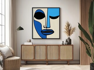  Modern Minimalist Living Room with White Walls, Colorful Decorative Pillows on Sofa, Abstract Art Poster, Wooden Parquet Floor, Cozy Atmosphere, Small Round Table with Flowers and Vases, Dark Brown L