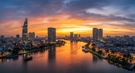 Fototapeta premium Vibrant sunset paints city skyline golden hues. AI Generated