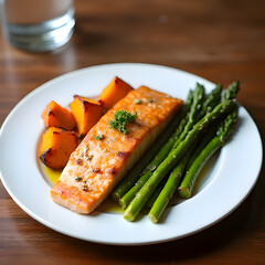 A plate with cooked salmon fillet, roasted potato chunks, and steamed asparagus stalks. Food presentation is appetizing, paired with a glass of water in the background
