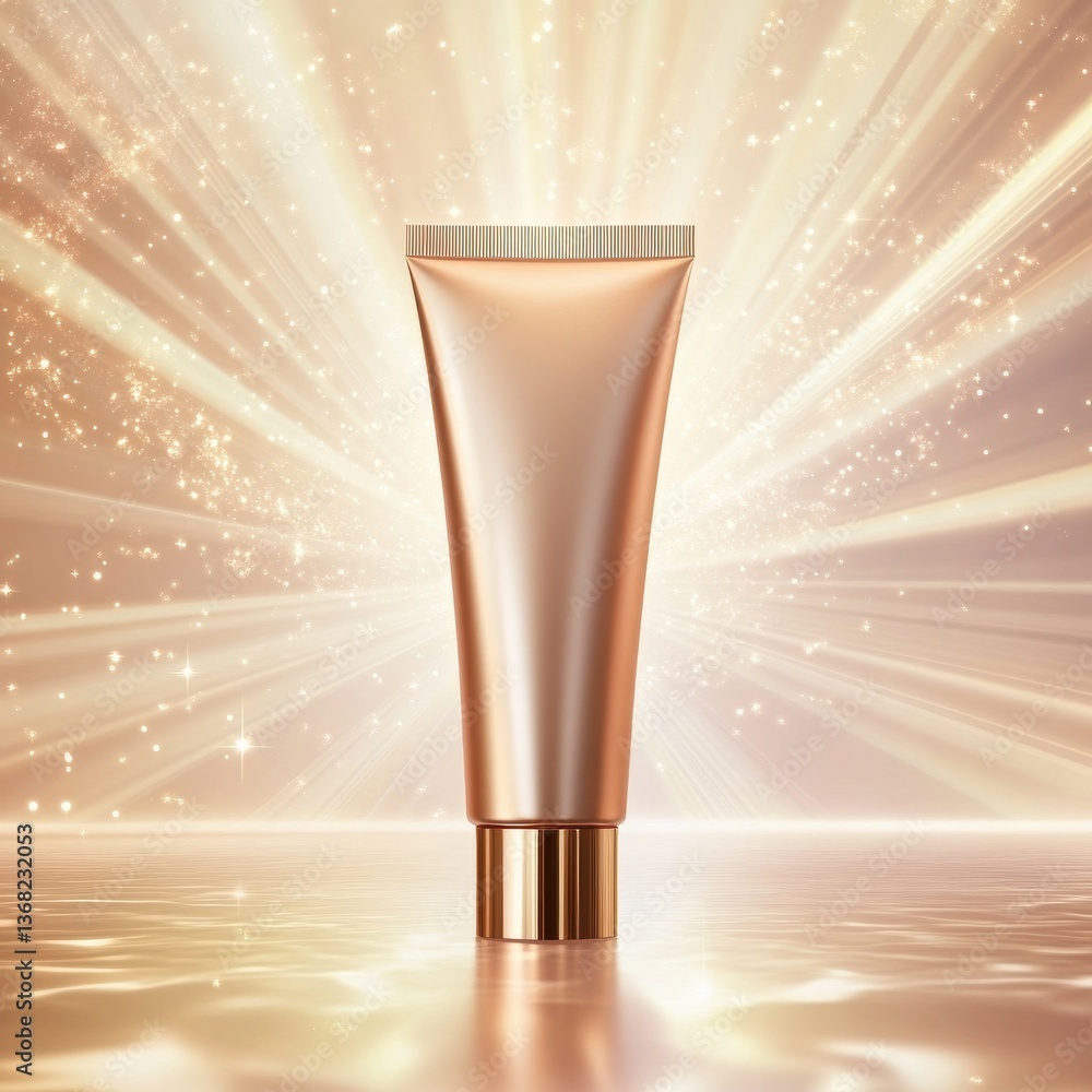 Poster luxurious gold cosmetic tube product display with sparkling lights and elegant presentation