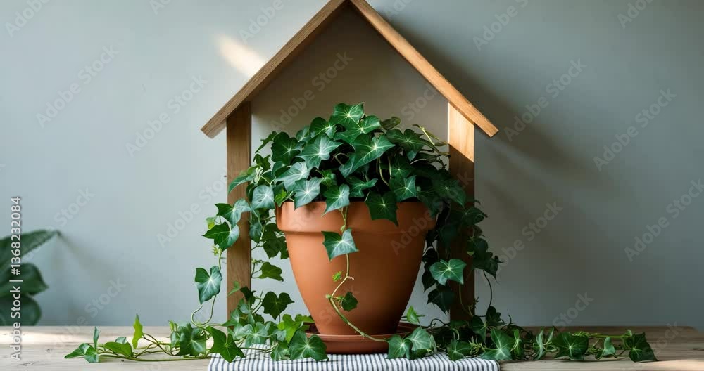 Poster front perspective of an ivy plant container within a home setting on a table featuring a striped tab