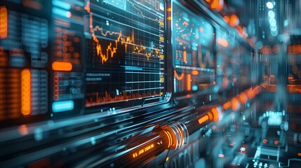 An AI-powered trading bot with a sleek metallic body, analyzing live stock charts on a transparent holographic screen, showcasing machine learning in finance and futuristic trading automation.