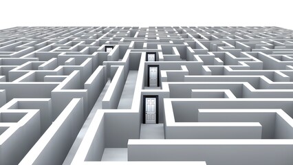 Exploring a surreal maze with multiple doors under a bright sky and fluffy clouds