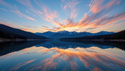 Obraz premium The glassy lake showcases the beauty of the dawn sky in a breathtaking display of natural artistry, capturing the essence of a new day dawning.