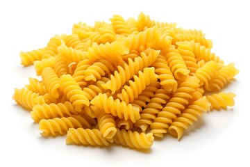 Heap of Uncooked Yellow Fusilli Pasta CloseUp Isolated on White Background