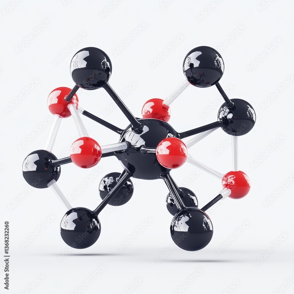Aufkleber Molecular Structure: 3D Rendering of a Complex Molecule with Red and Black Spheres Connected by Rods on a Clean White Background