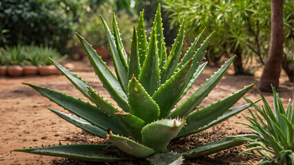 Fresh Aloe Vera leaves in an Indian herbal garden