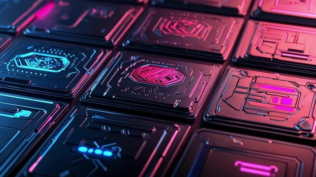 Futuristic circuit board with glowing neon elements in blue and red light