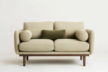 Fototapeta premium This sofa combines comfort and style effortlessly, featuring a neutral color palette complemented by a chic green accent pillow, making it a perfect choice for contemporary living room decor