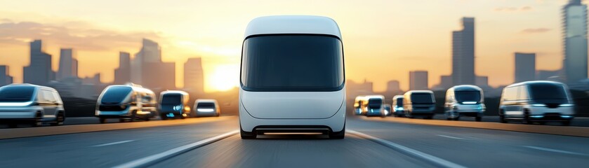 Electric vehicle convoy at sunset urban highway futuristic transport scene vibrant atmosphere eye-level view