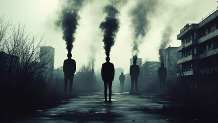 A solitary figure stands in a bleak urban setting, flanked by towering smokestacks releasing dark smoke. The atmosphere is heavy and foreboding, with abandoned buildings in the background.