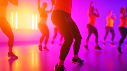 Group of people engaged in energetic dance workout in a vibrant studio with colorful lighting