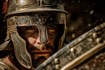 Generative AI image of a fierce ancient gladiator in battle-worn armor and helmet, inspired by Greek warriors
