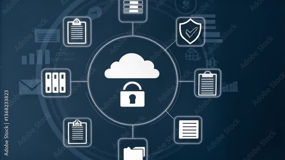 Poster Hand touching cloud icon with padlock and data icons on blue background in a digital interface