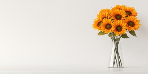 Vibrant Sunflower Bouquet in Glass Vase Against a Minimalist Background