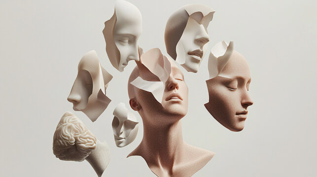 Intriguing abstract representation of a woman's head composed of fragmented pieces of paper symbolizing deconstruction and artistic expression.