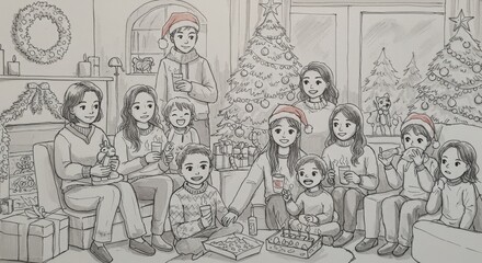 Vintage Christmas Sketch of a Family