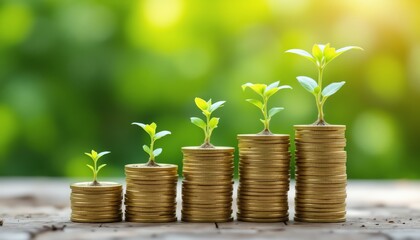Growth concept with coins and green plants.
