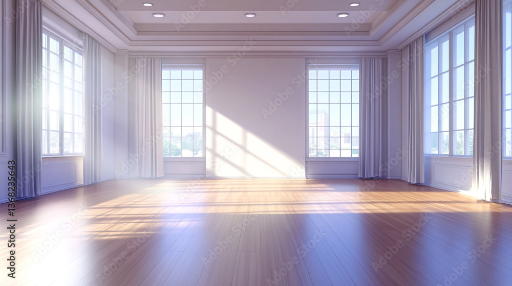 Poster bright sunlight streaming through large windows in an empty room with hardwood floors and white curt