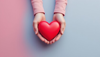 Fototapeta premium Hands holding a red heart symbolizing love.