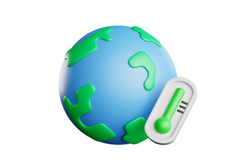 3D rendering of a globe with a green thermometer on the side. Earth Day concept.