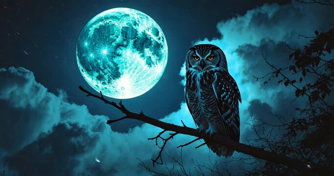 A tranquil night, a radiant moon ascending above the clouds brightens the darkness, and an owl remains still in the blue moonlight. A subtle diffuse glow has been added to enhance the scene. All
