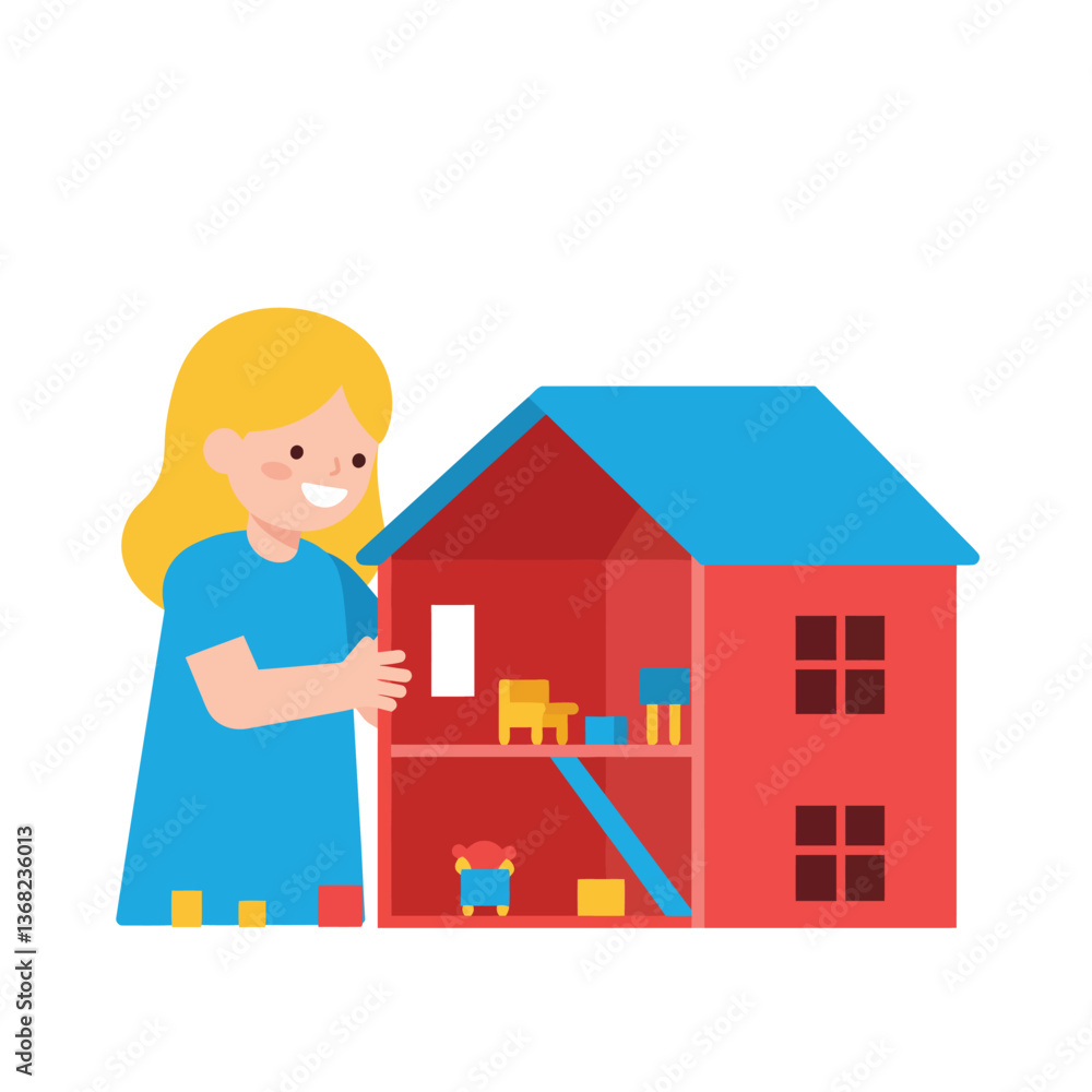 Aufkleber child playing with colorful dollhouse in flat vector art style