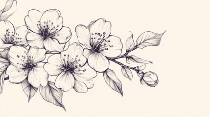 Drawing of Cherry Blossoms Branch with Blooming Flowers and Leaves